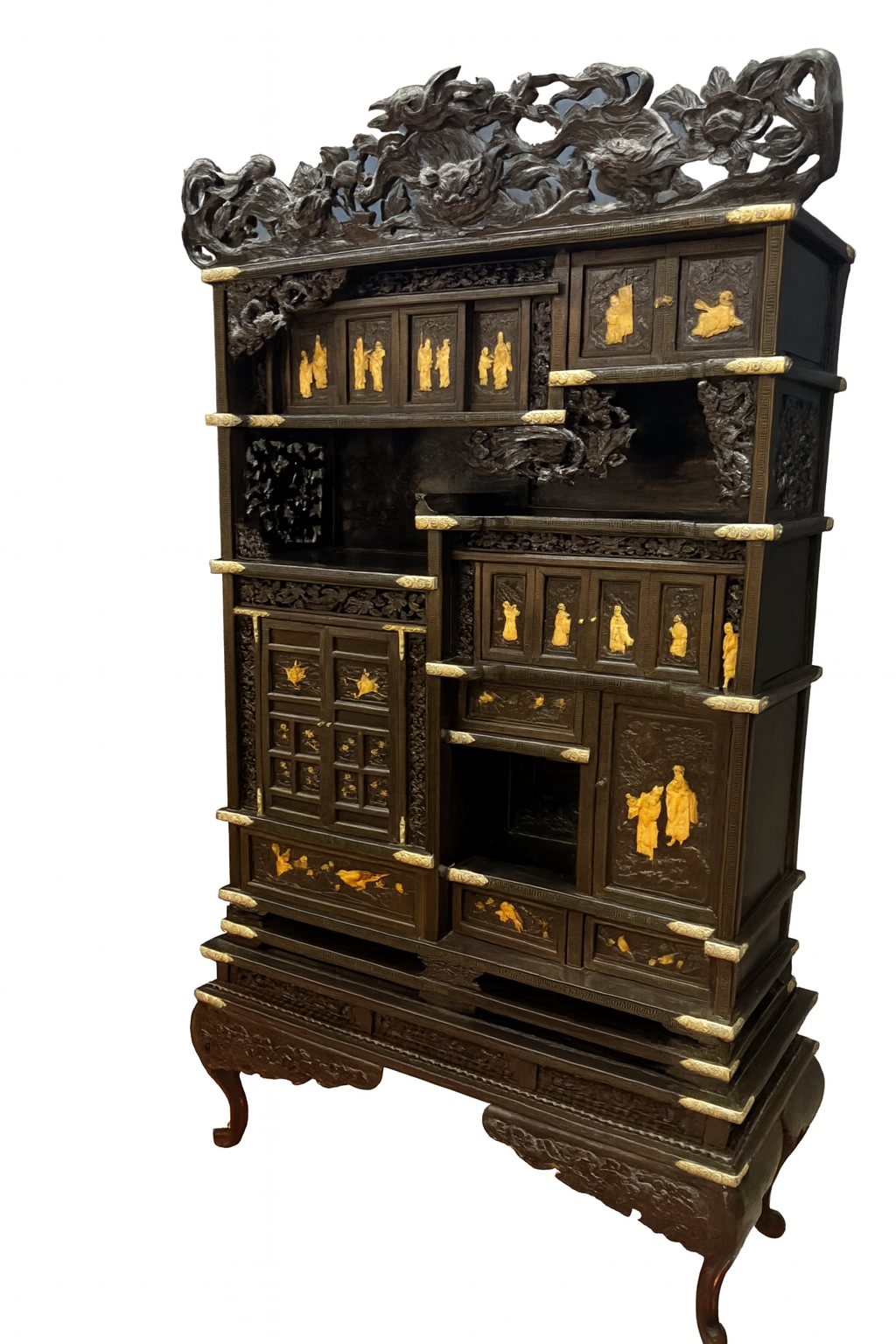 Gabinete Orienta Chinoiserie em Madeira Laqueada – Dragões, Imortais e Marchetaria em Ouro