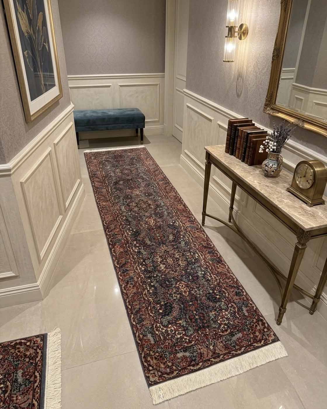 Tapete Persa Kirman Clássico (Medalhão Central Azul Profundo) - 3,07×0,80m