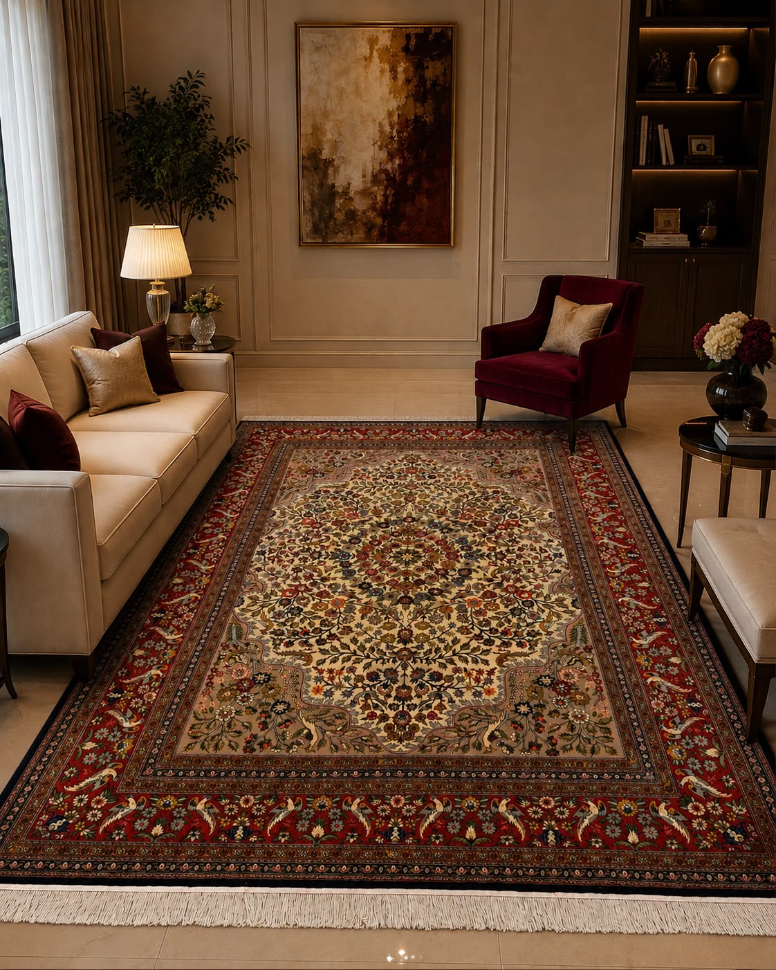 Tapete Persa Ghom (Qom) Imperial (Contornos em Seda Natural) - 3,35 x 2,46 m